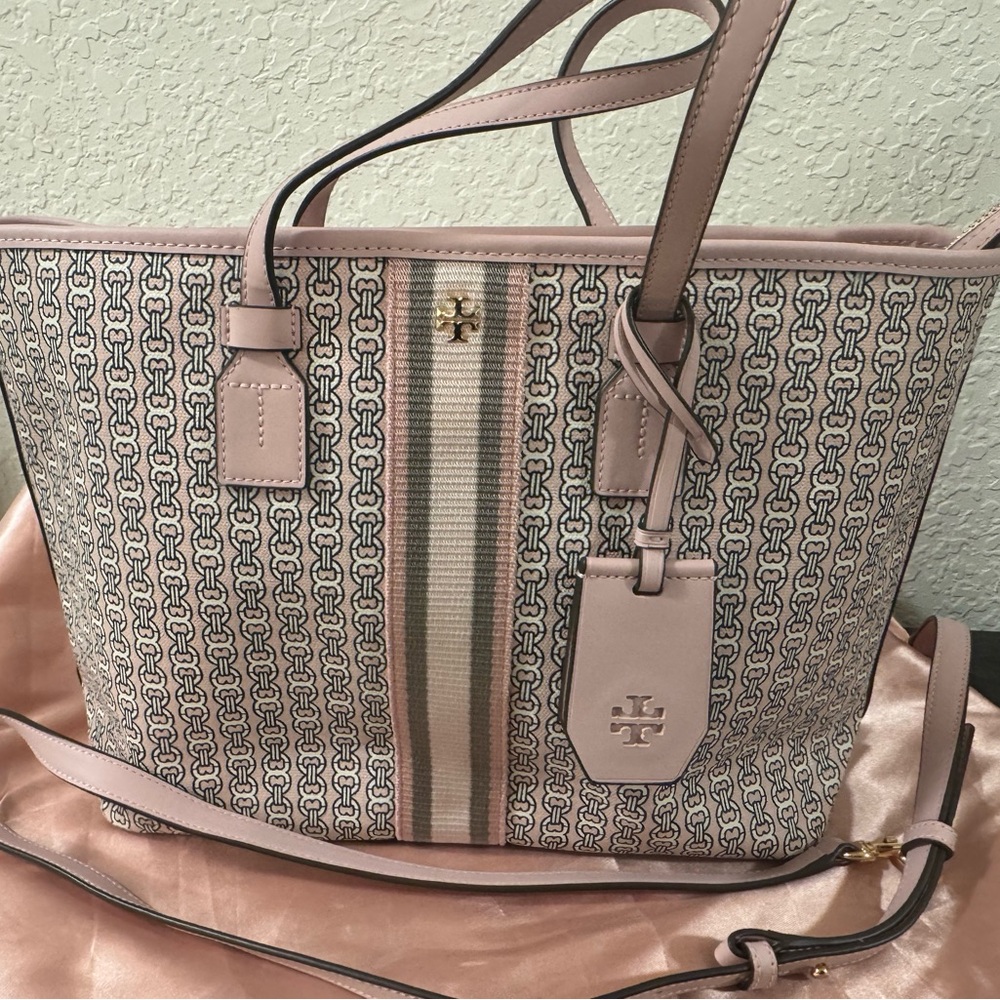 Tory Burch Pink Patterned Tote Handbag with Stripe Accent and cross body strap - Picture 8 of 13
